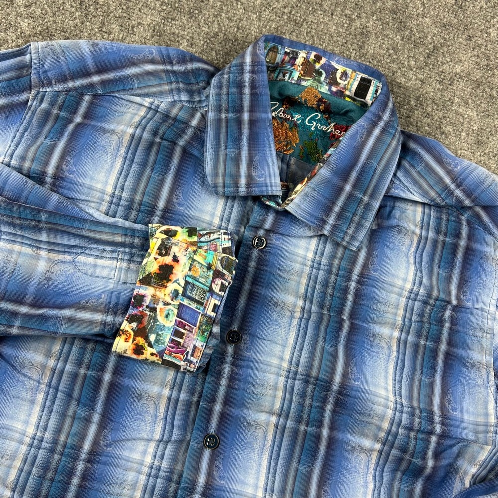 Robert Graham Shirt Mens XL Blue Plaid Paisley Jacquard Flip Cuff Button Down‎